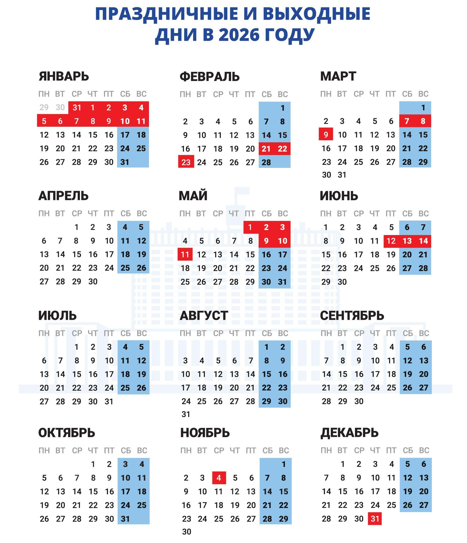 Шесть четырехдневок и одна трехдневка ждут россиян в 2026 году