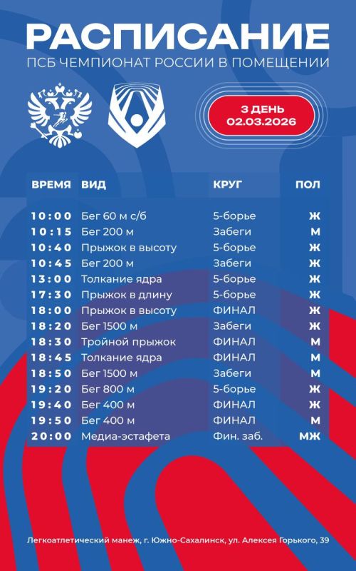 ПСБ Чемпионат России в помещении: день третий Доброе утро, Сахалин! Чемпионат России в самом разгаре! Борьба за медали продолжается, конкуренция самая серьёзная, но и самая интересная