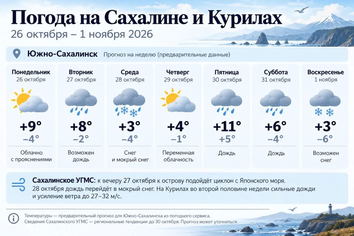 От дождя до снега: какой будет погода на Сахалине с 26 октября по 1 ноября